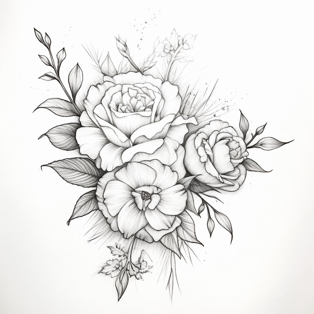 Photo a drawing of a rose with leaves and flowers on a white background generative ai