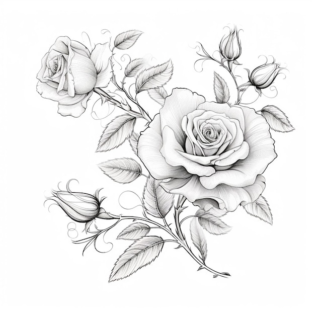 Photo a drawing of a rose with leaves and flowers on a white background generative ai