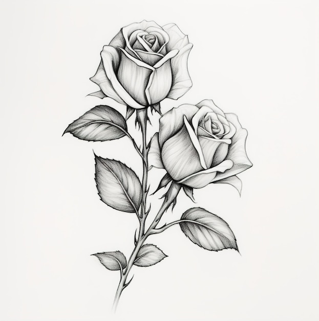 A drawing of a rose with leaves and leaves.