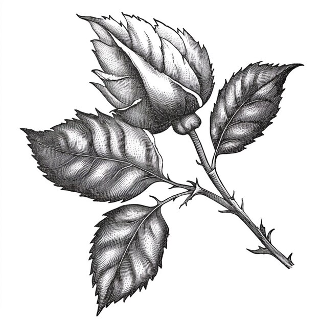 a drawing of a rose with leaves on a stem generative ai