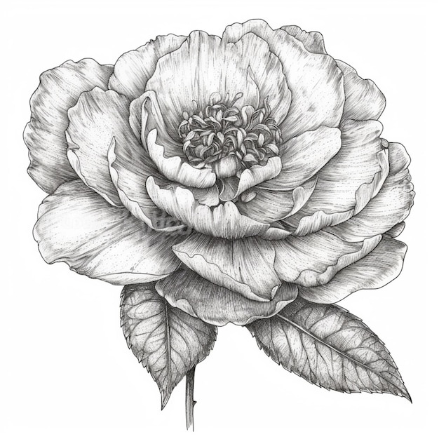 a drawing of a rose with leaves on a white background generative ai