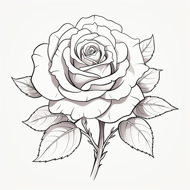 a drawing of a rose with leaves on a white background generative ai