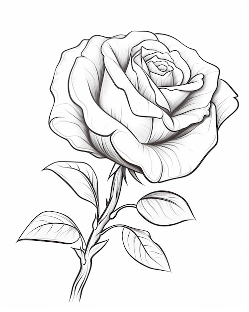 a drawing of a rose with leaves on a white background generative ai