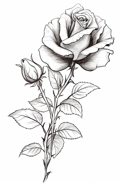 Photo a drawing of a rose with leaves on a white background generative ai