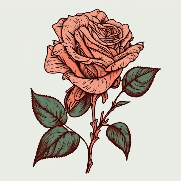 A drawing of a rose with leaves on a white background generative ai