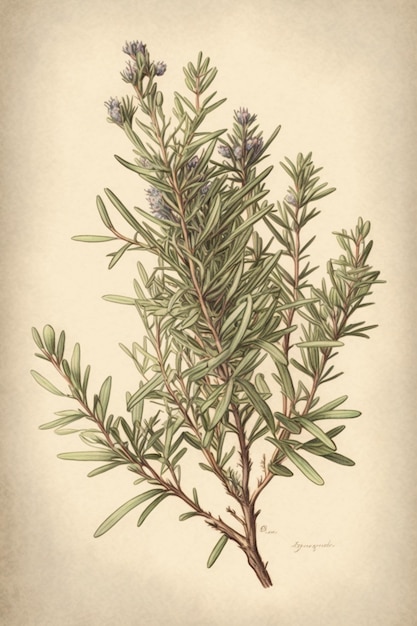 A drawing of a rosemary with a blue flower.