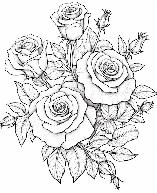 A drawing of roses with leaves and leaves on a white background generative ai