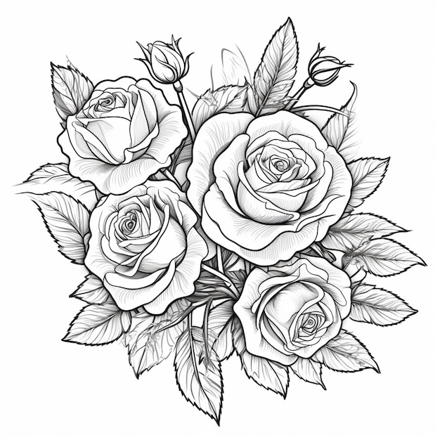 Photo a drawing of roses with leaves on a white background generative ai