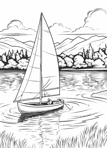 Foto un disegno di una barca a vela che galleggia su un lago con le montagne sullo sfondo ai generativo