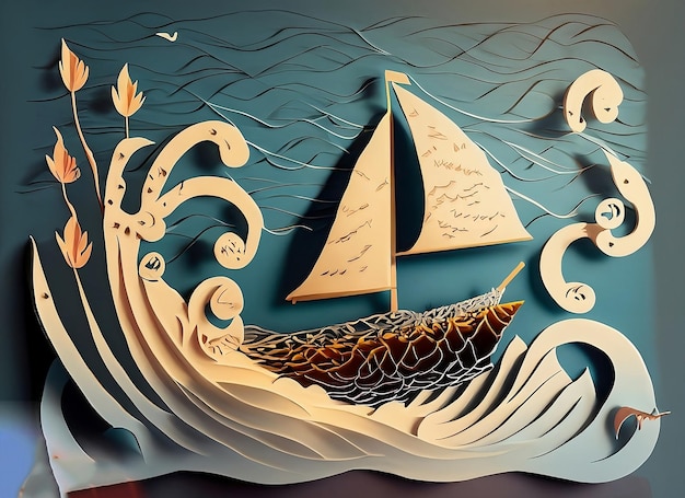 A drawing of a sailboat with a sail on it