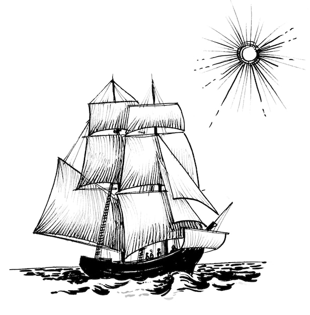 A drawing of a sailboat with the word sailing on it