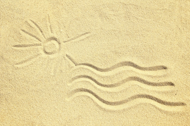 Drawing on the sand sun and waves summer