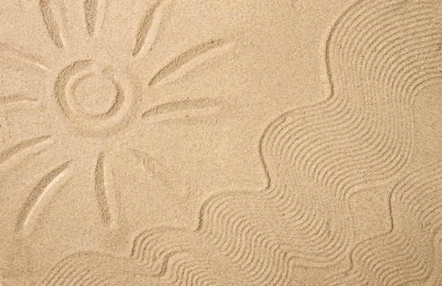 drawing on sand sun waves top view no people summer vacation travel