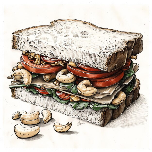 Photo a drawing of a sandwich with a banana and mushrooms on it