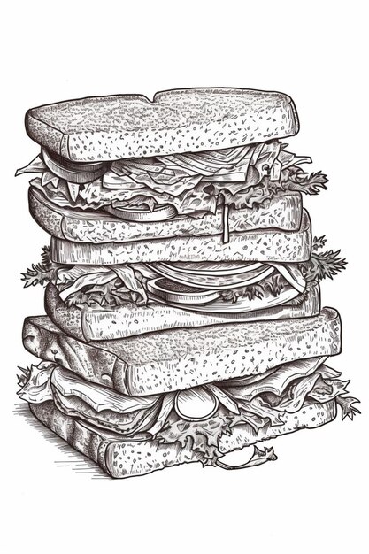 Photo a drawing of a sandwich with meat and cheese on a plate generative ai