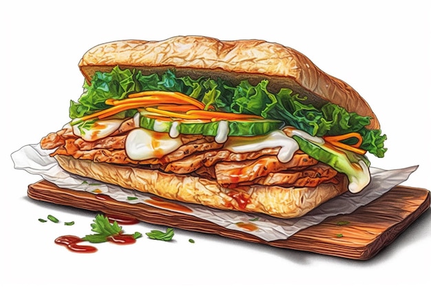 A drawing of a sandwich with meat, vegetables, and sauce