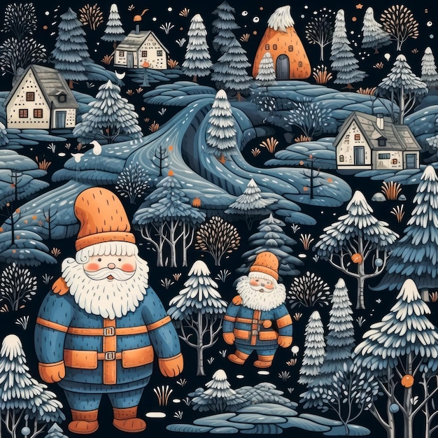 나무 와 집 을 배경 으로 한 산타 의 그림