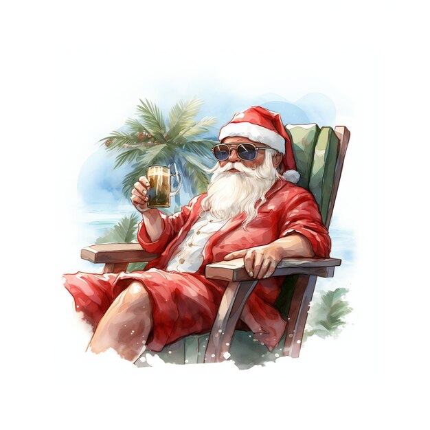 a drawing of santa claus sitting in a chair with a glass of beer.