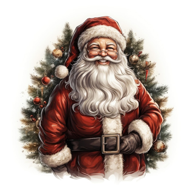 a drawing of a santa claus with a christmas tree in the background.