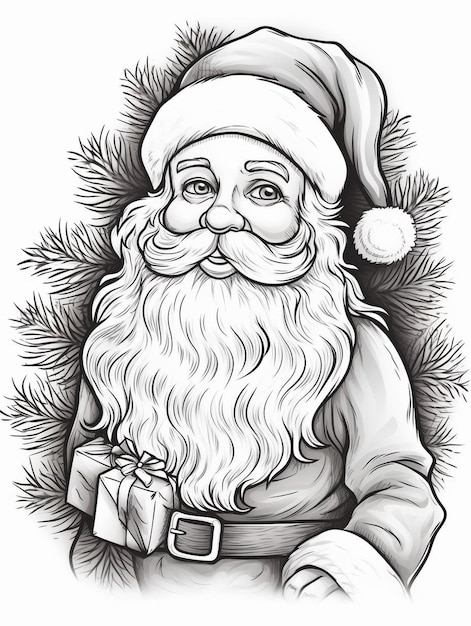 Foto un disegno di un babbo natale con un albero di natale sullo sfondo.