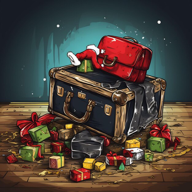 a drawing of a santa hat and a suitcase with a santa hat on it