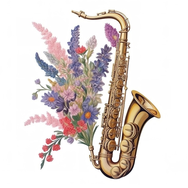 A drawing of a saxophone with a bouquet of flowers on it.