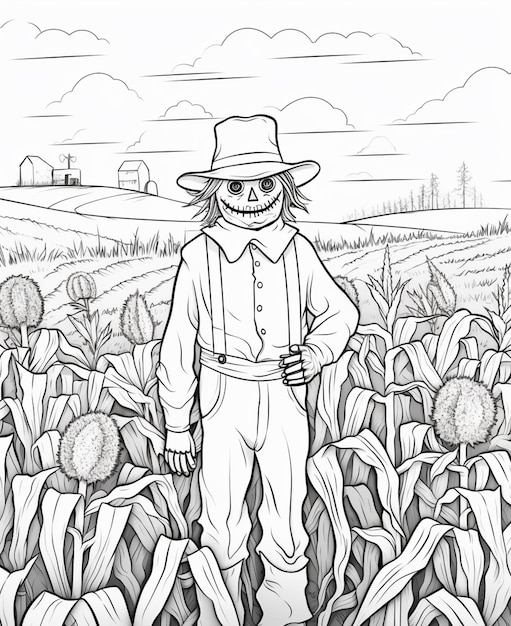 Photo a drawing of a scare in a corn field with a hat and a scare mask generative ai