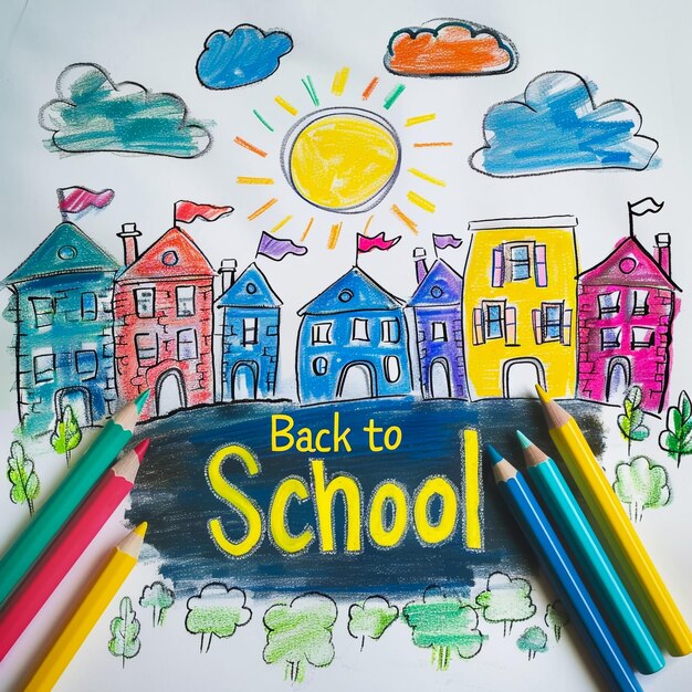 Foto un disegno di una scuola con un disegnare una scuola con le parole di ritorno a scuola su di esso