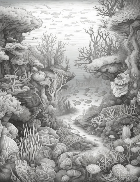 A drawing of a sea of corals and fish