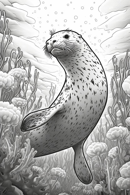 a drawing of a seal in a seaweed area with a sky background generative ai