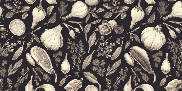 Drawing seamless pattern with vegetables and fruits at white background hand drawn illustration