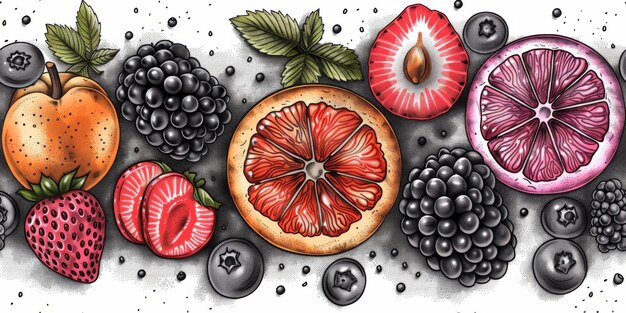 Drawing seamless pattern with vegetables and fruits at white background hand drawn illustration