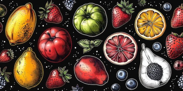 Рисунок бесперебойного узора с овощами и фруктами на белом фоне ручной иллюстрации