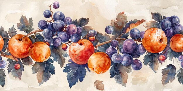 白い背景に野菜や果物を描いたシームレスなパターンを手で描いたイラスト