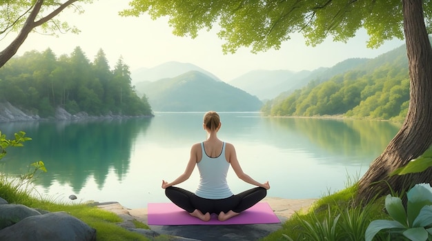 Нарисовать спокойную позу для йоги с медитацией в природе