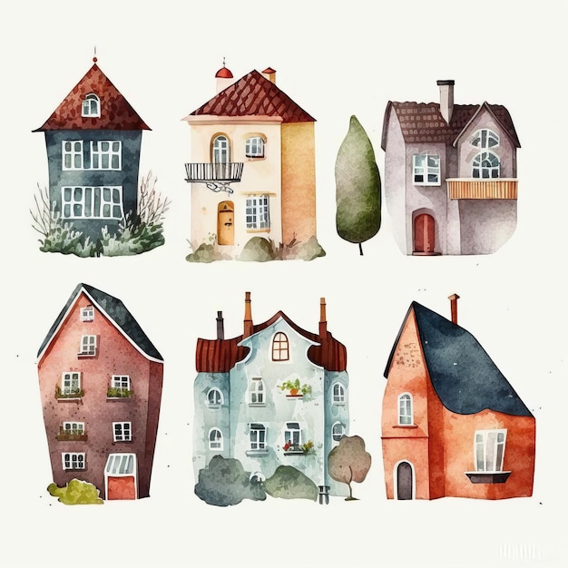 Drawing of a set of various houses watercolor paint Generative AI