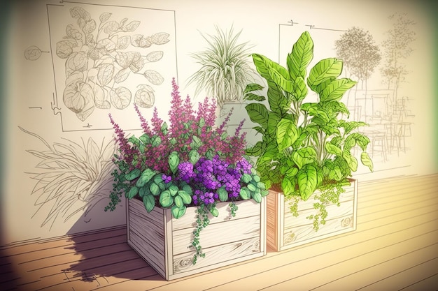 A drawing of several plants on wooden boxes