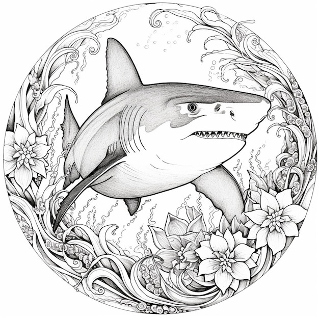 a drawing of a shark with a flower border around it generative ai