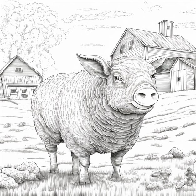飼育場の近くの畑に立っている羊の絵