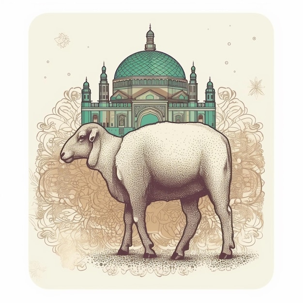 A drawing of a sheep with a green dome in the background.