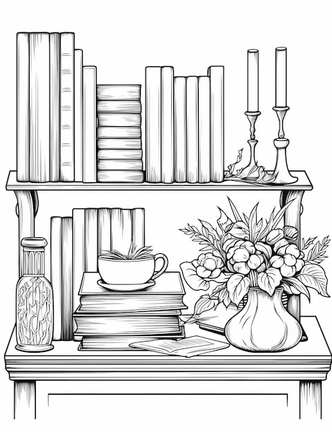 Foto il disegno di uno scaffale con libri e vasi generav ai