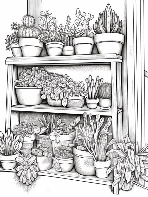 Photo a drawing of a shelf with potted plants and cacti generative ai