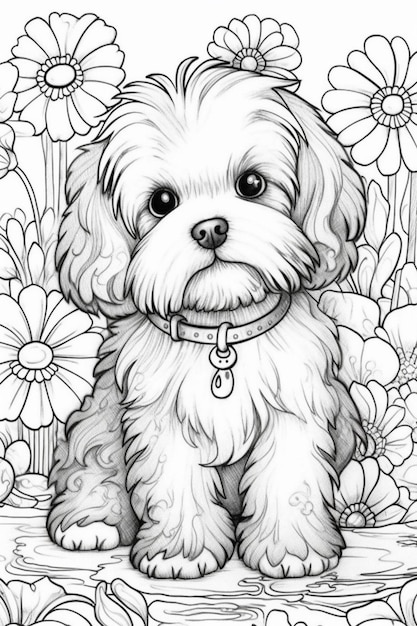 A drawing of a shih tzu dog in a flower field.