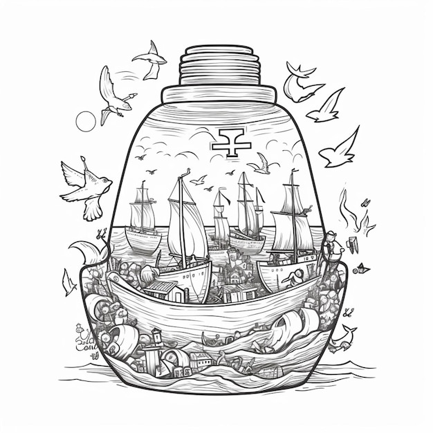 A drawing of a ship in a bottle with birds flying around generative ai