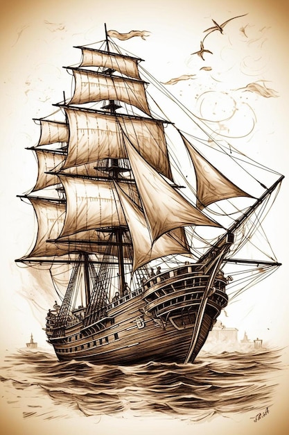 A drawing of a ship called a ship called the ship's ship's sails.