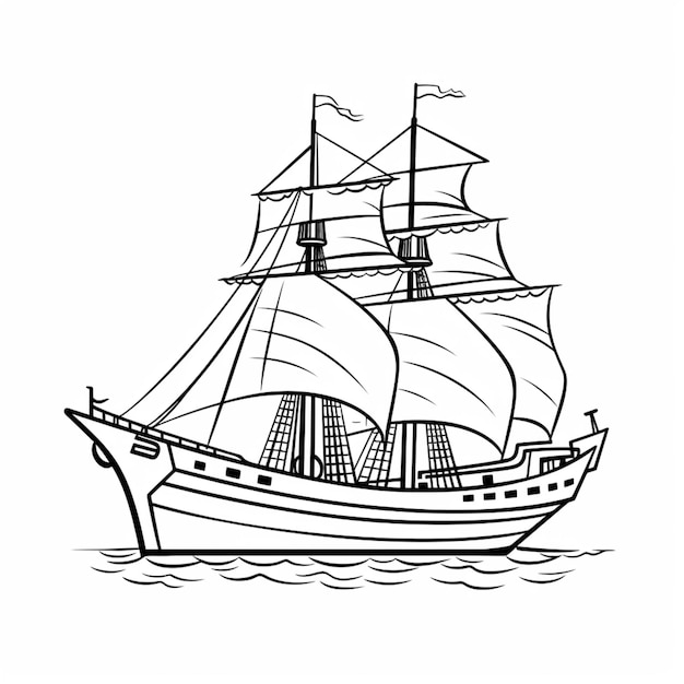 A drawing of a ship sailing on the water with a flag on it generative ai