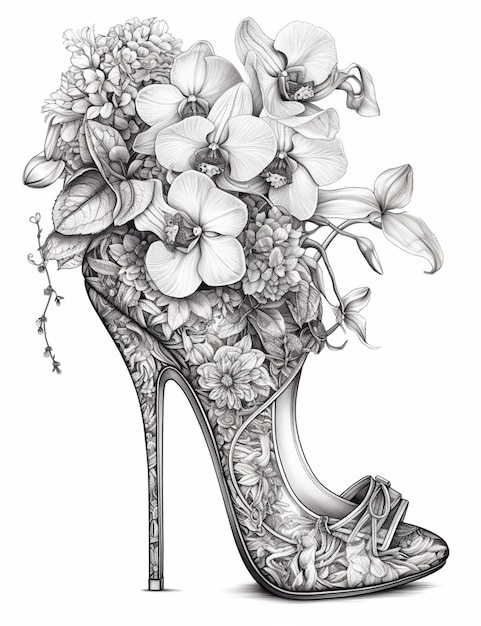 Photo a drawing of a shoe with flowers on it