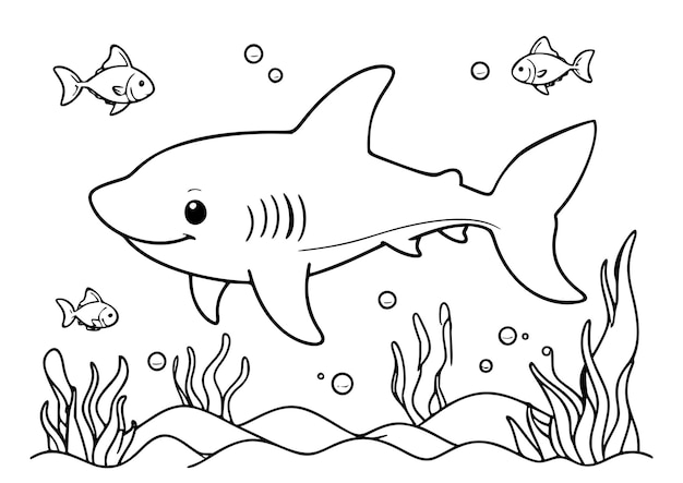 Drawing simple lines cute shark at the bottom of the ocean coloring book pages cartoons for preschoo