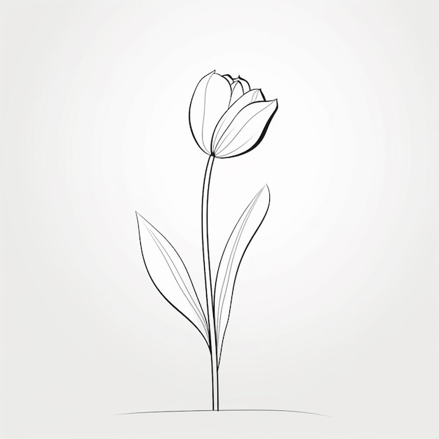 a drawing of a single flower with leaves on a white background generative ai