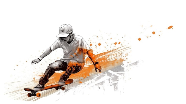 A drawing of a skater with orange paint and a white shirt that says snowboarding.